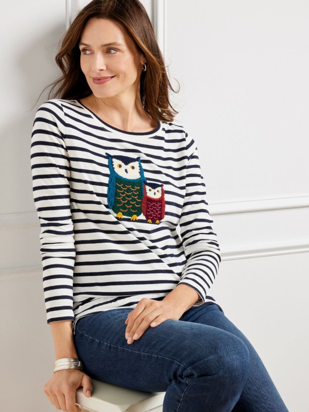 Talbots Embroidered Owl Friends Open Crewneck T-Shirt Stripe Black White